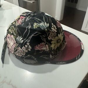 Black Floral Satin embroidered Baseball Cap with Burgundy Visor